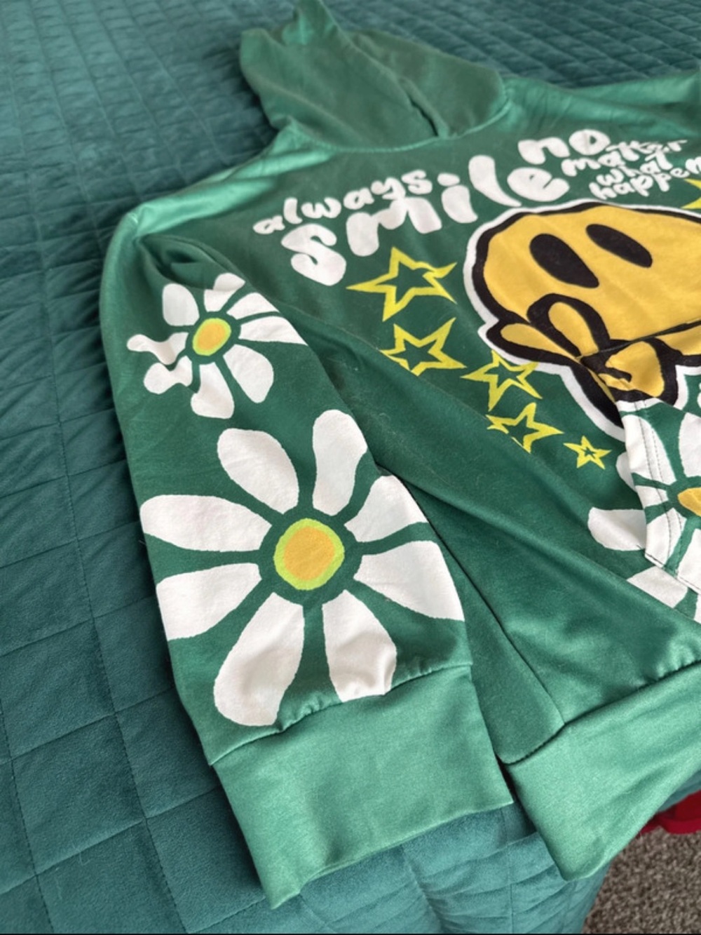 Green Smiley Face Graphic Hoodie Floral Print Y2K Streetwear - Picture 3 of 4